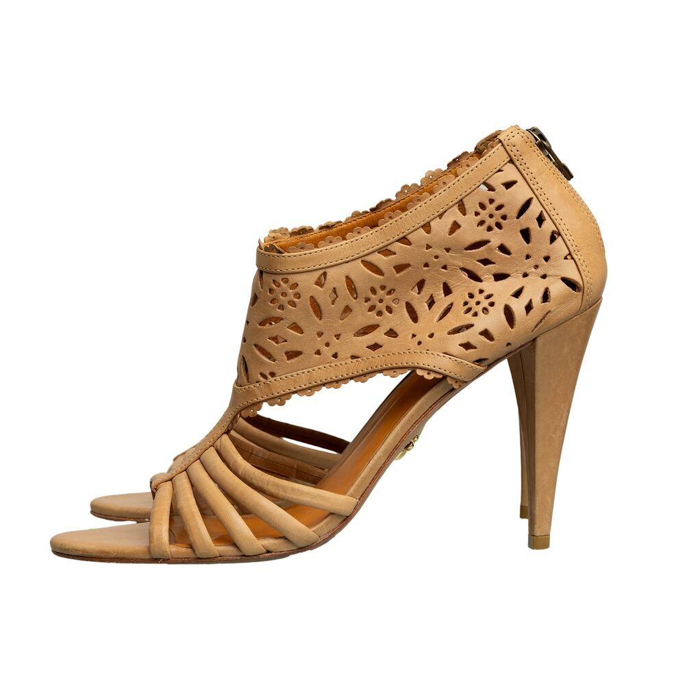 Womens Designer Por Là Victorie Bridgette Tan Leather Cut Out Cage Stiletto Heel
